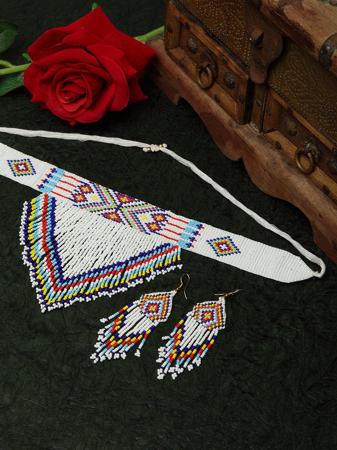 Hand Woven White Beaded Tasselled Design Handcrafted Afghan Jewelry Set