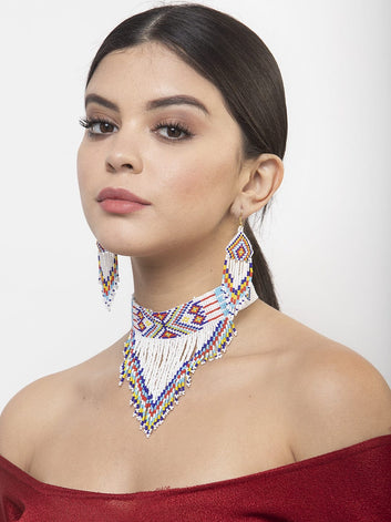 Hand Woven White Beaded Tasselled Design Handcrafted Afghan Jewelry Set