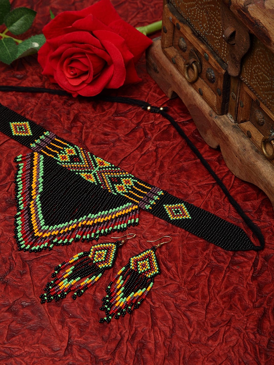 Hand Woven Black Beaded Tasselled Design Handcrafted Afghan Jewelry Set