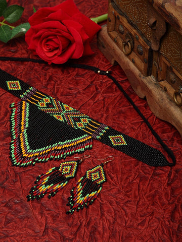 Hand Woven Black Beaded Tasselled Design Handcrafted Afghan Jewelry Set