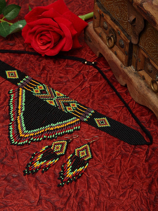 Hand Woven Black Beaded Tasselled Design Handcrafted Afghan Jewelry Set