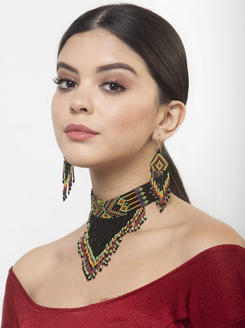 Hand Woven Black Beaded Tasselled Design Handcrafted Afghan Jewelry Set