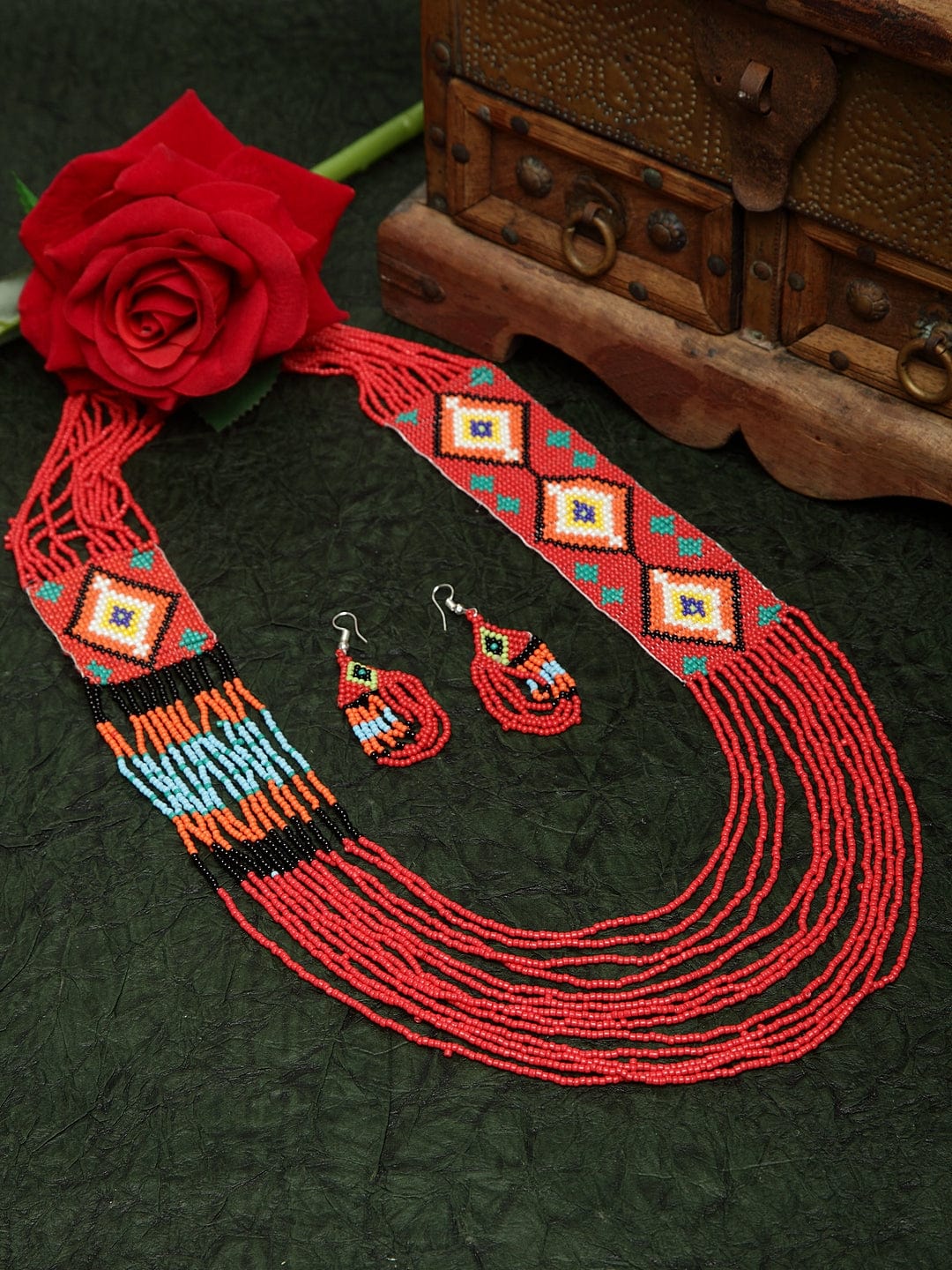 Hand Woven Red & Yellow Beaded Layered Design Handcrafted Afghan Jewelry Set