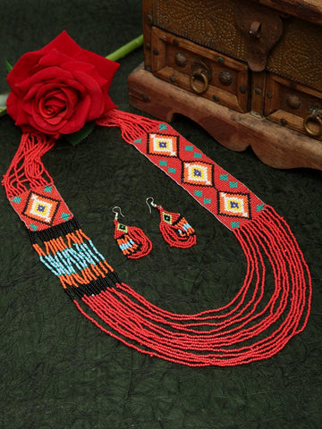 Hand Woven Red & Yellow Beaded Layered Design Handcrafted Afghan Jewelry Set