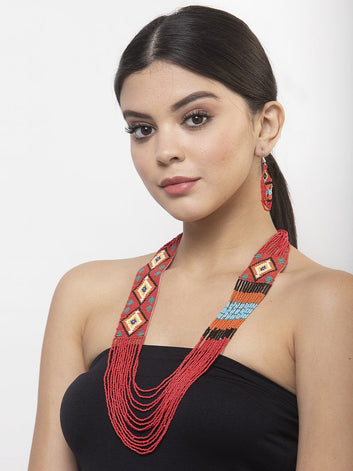 Hand Woven Red & Yellow Beaded Layered Design Handcrafted Afghan Jewelry Set