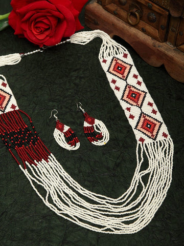 Hand Woven White & Red Beaded Layered Design Handcrafted Afghan Jewelry Set