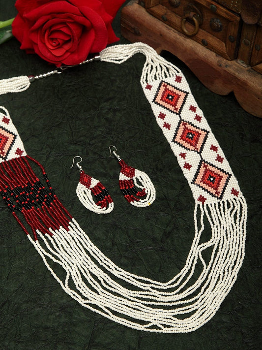 Hand Woven White & Red Beaded Layered Design Handcrafted Afghan Jewelry Set