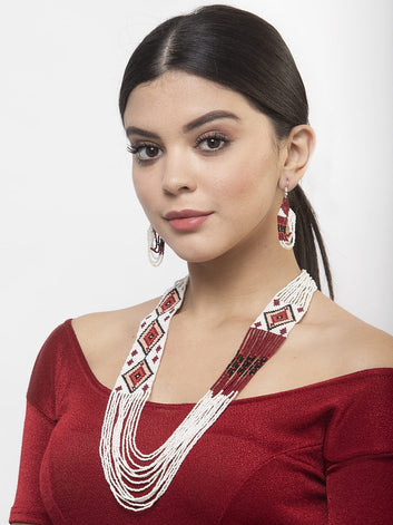Hand Woven White & Red Beaded Layered Design Handcrafted Afghan Jewelry Set