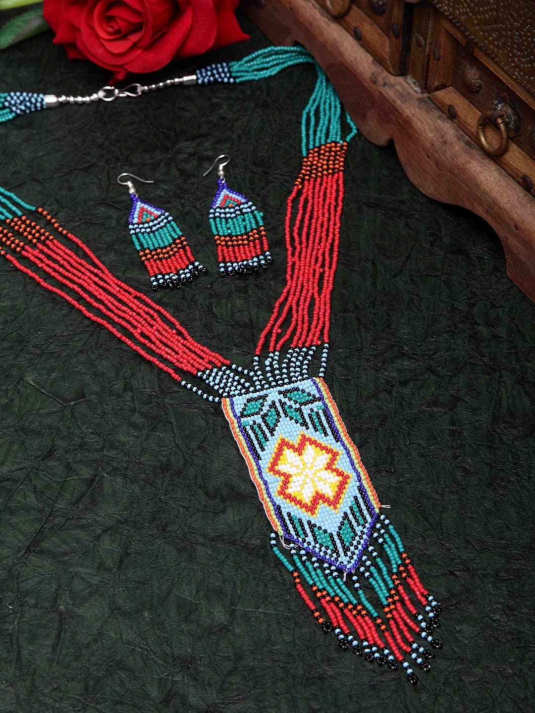 Hand Woven Red & Blue Beaded Layered and Tasselled Design Handcrafted Afghan Jewelry Set