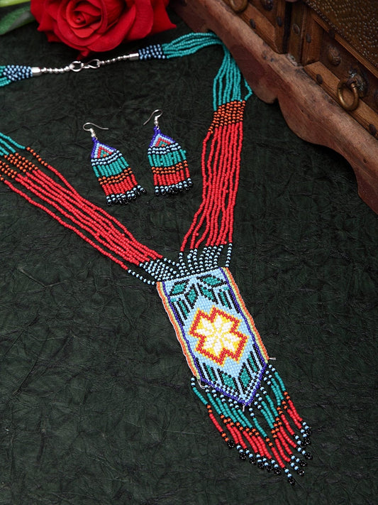 Hand Woven Red & Blue Beaded Layered and Tasselled Design Handcrafted Afghan Jewelry Set