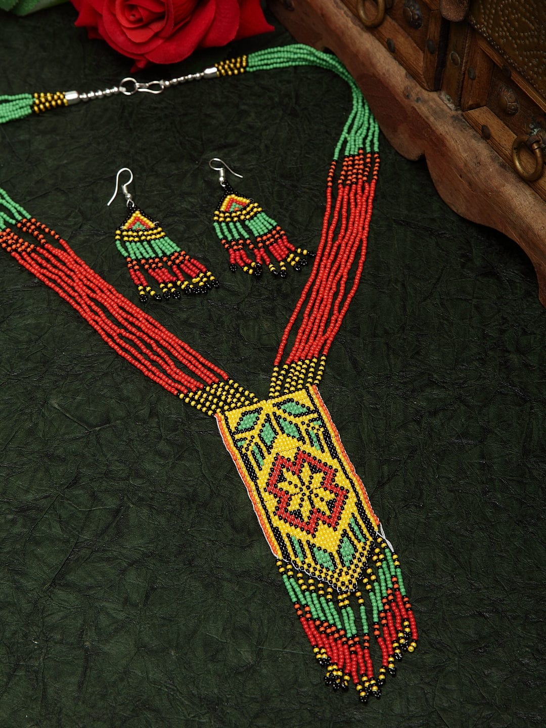 Hand Woven Red & Yellow Beaded Layered Tasselled Design Handcrafted Afghan Jewelry Set