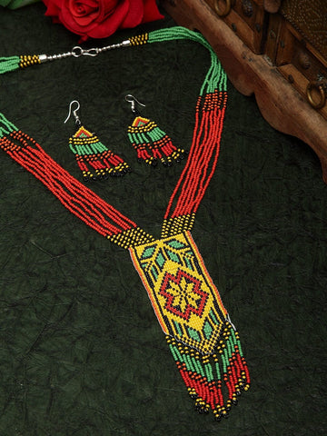 Hand Woven Red & Yellow Beaded Layered Tasselled Design Handcrafted Afghan Jewelry Set