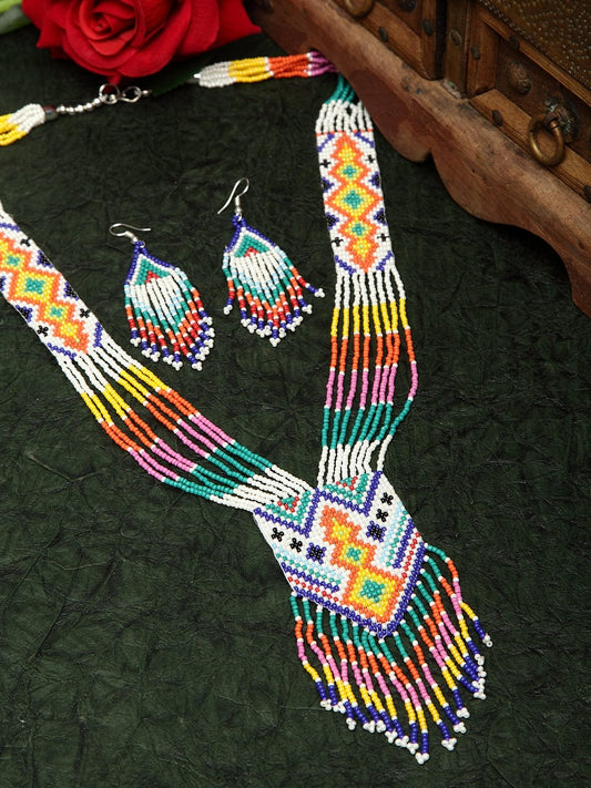 Hand Woven White Beaded Layered and Tasselled Design Handcrafted Afghan Jewelry Set