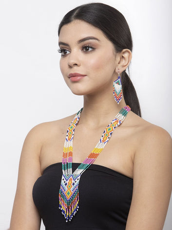 Hand Woven White Beaded Layered and Tasselled Design Handcrafted Afghan Jewelry Set