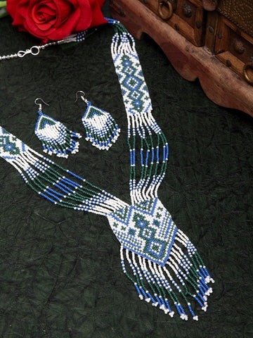 Hand Woven White & Blue Beaded Layered Tasselled Design Handcrafted Afghan Jewelry Set