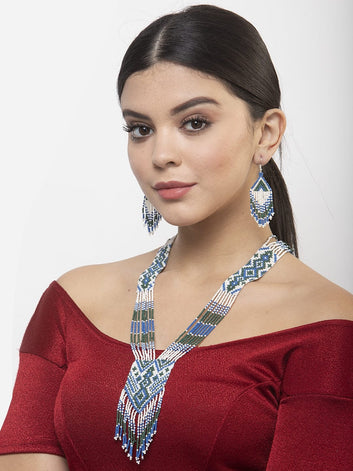 Hand Woven White & Blue Beaded Layered Tasselled Design Handcrafted Afghan Jewelry Set
