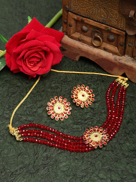 Oxidized Gold-Plated Crystal-Studded & Pearl Beaded Jewellery Set