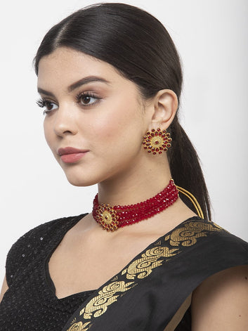 Oxidized Gold-Plated Crystal-Studded & Pearl Beaded Jewellery Set