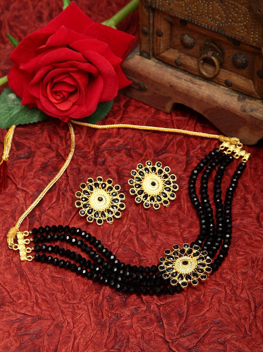 Black Stones and Beads Studded cGold Plated Handcrafted Jewelry Set
