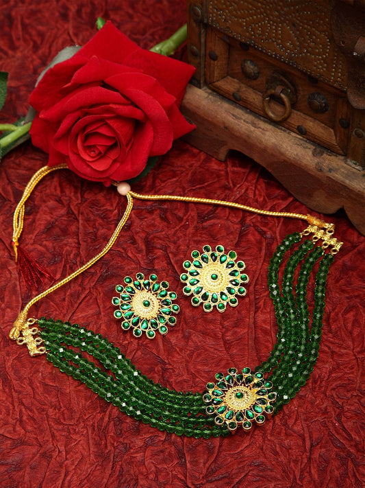 Green Stones and Beads Studded Oxidised Gold Plated Handcrafted Jewelry Set