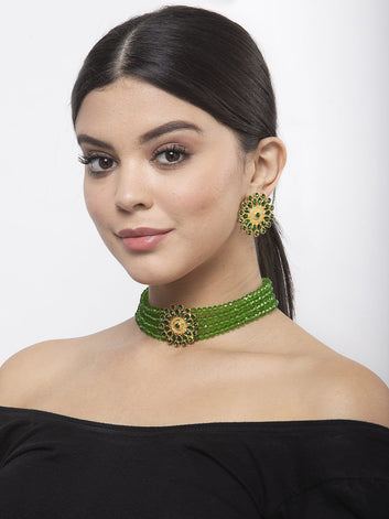 Green Stones and Beads Studded Oxidised Gold Plated Handcrafted Jewelry Set