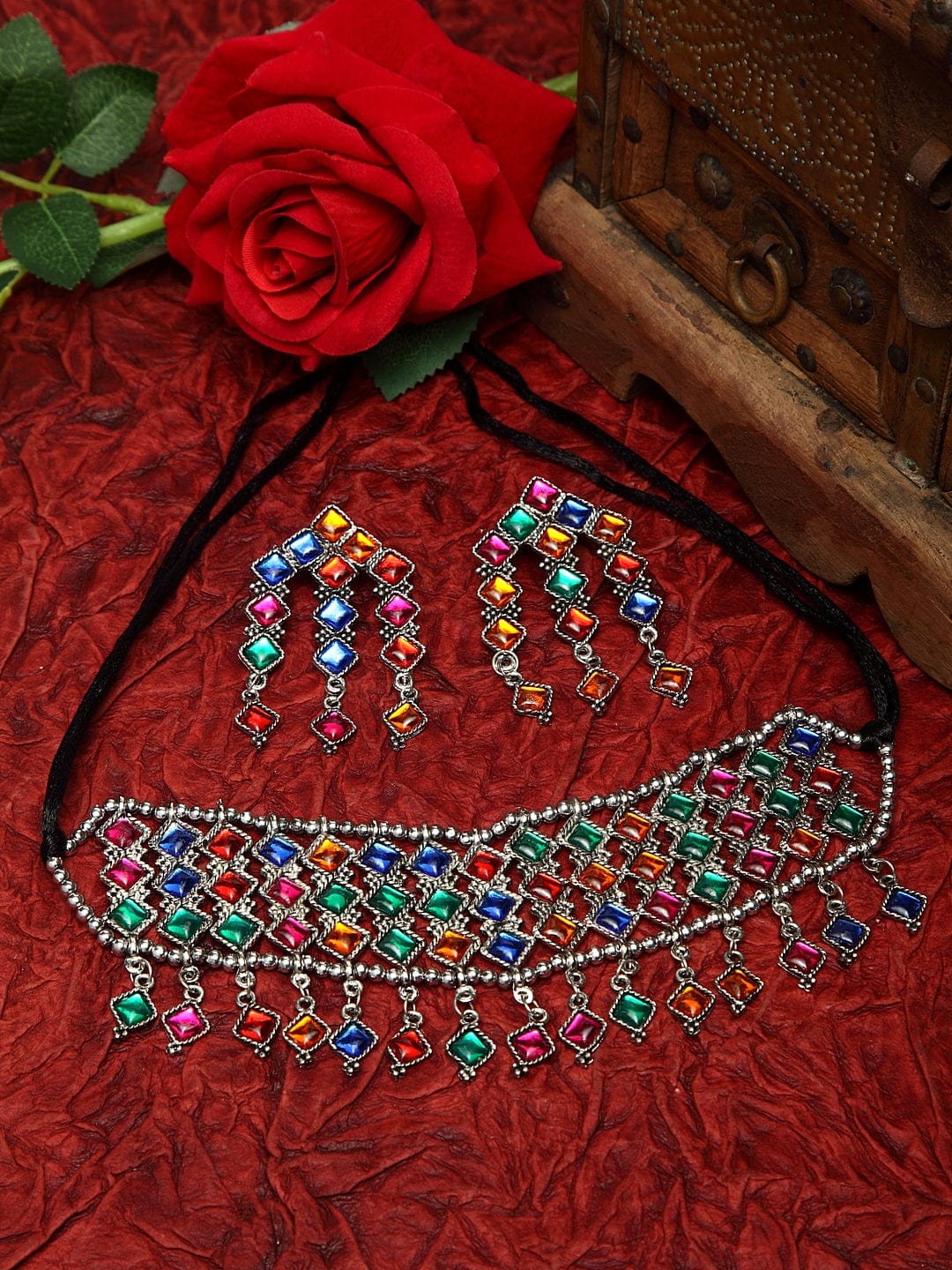 Multi Stones Studded Oxidised Silver Plated Handcrafted Tasselled Jewelry Set