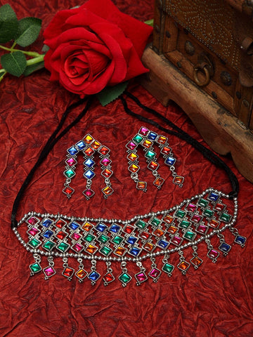 Multi Stones Studded Oxidised Silver Plated Handcrafted Tasselled Jewelry Set