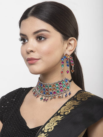 Multi Stones Studded Oxidised Silver Plated Handcrafted Tasselled Jewelry Set