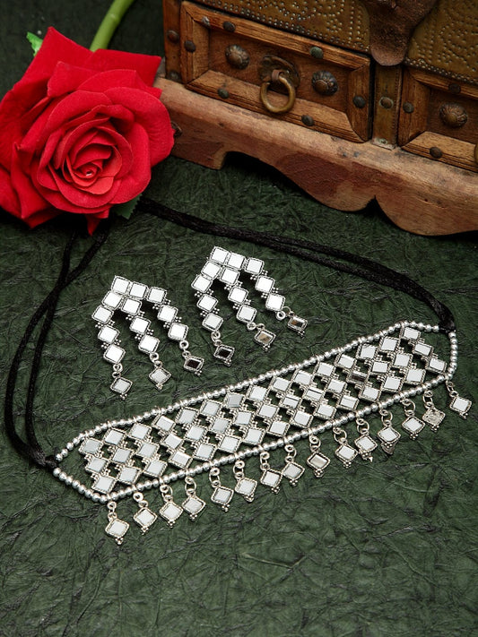 Mirror Studded Oxidised Silver Plated Handcrafted Tasselled Jewelry Set