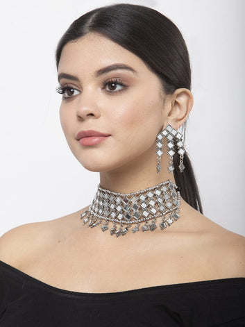 Mirror Studded Oxidised Silver Plated Handcrafted Tasselled Jewelry Set
