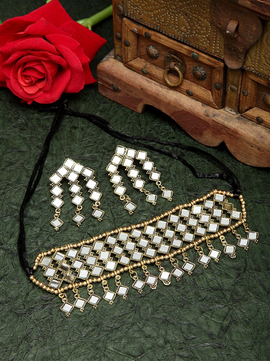 Mirror Studded Oxidised Gold Plated Handcrafted Tasselled Jewelry Set