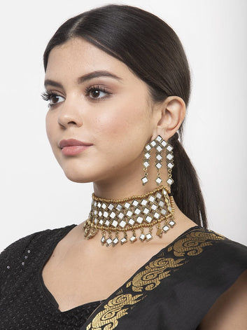 Mirror Studded Oxidised Gold Plated Handcrafted Tasselled Jewelry Set