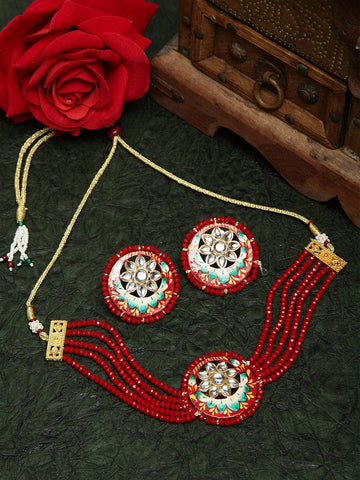 Kundan and Red Onyx Stones Studded Gold Plated Handcrafted Meenakari Jewelry Set