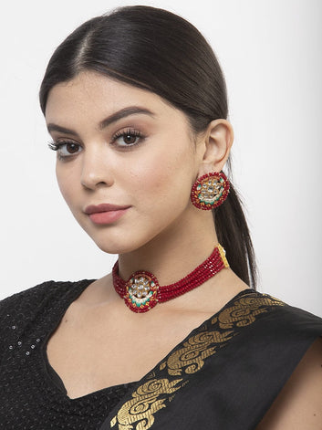 Kundan and Red Onyx Stones Studded Gold Plated Handcrafted Meenakari Jewelry Set