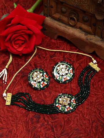 Kundan and Green Onyx Stones Studded Gold Plated Handcrafted Meenakari Jewelry Set
