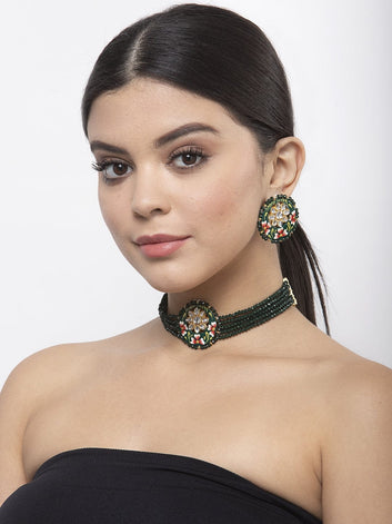 Kundan and Green Onyx Stones Studded Gold Plated Handcrafted Meenakari Jewelry Set