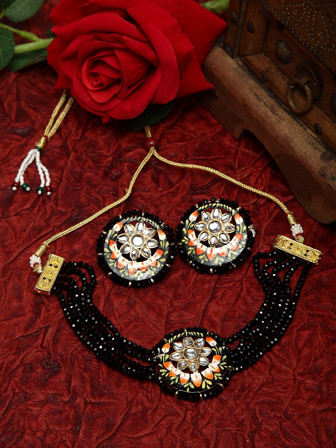 Kundan and Black Onyx Stones Studded Gold Plated Handcrafted Meenakari Jewelry Set