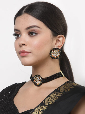 Kundan and Black Onyx Stones Studded Gold Plated Handcrafted Meenakari Jewelry Set