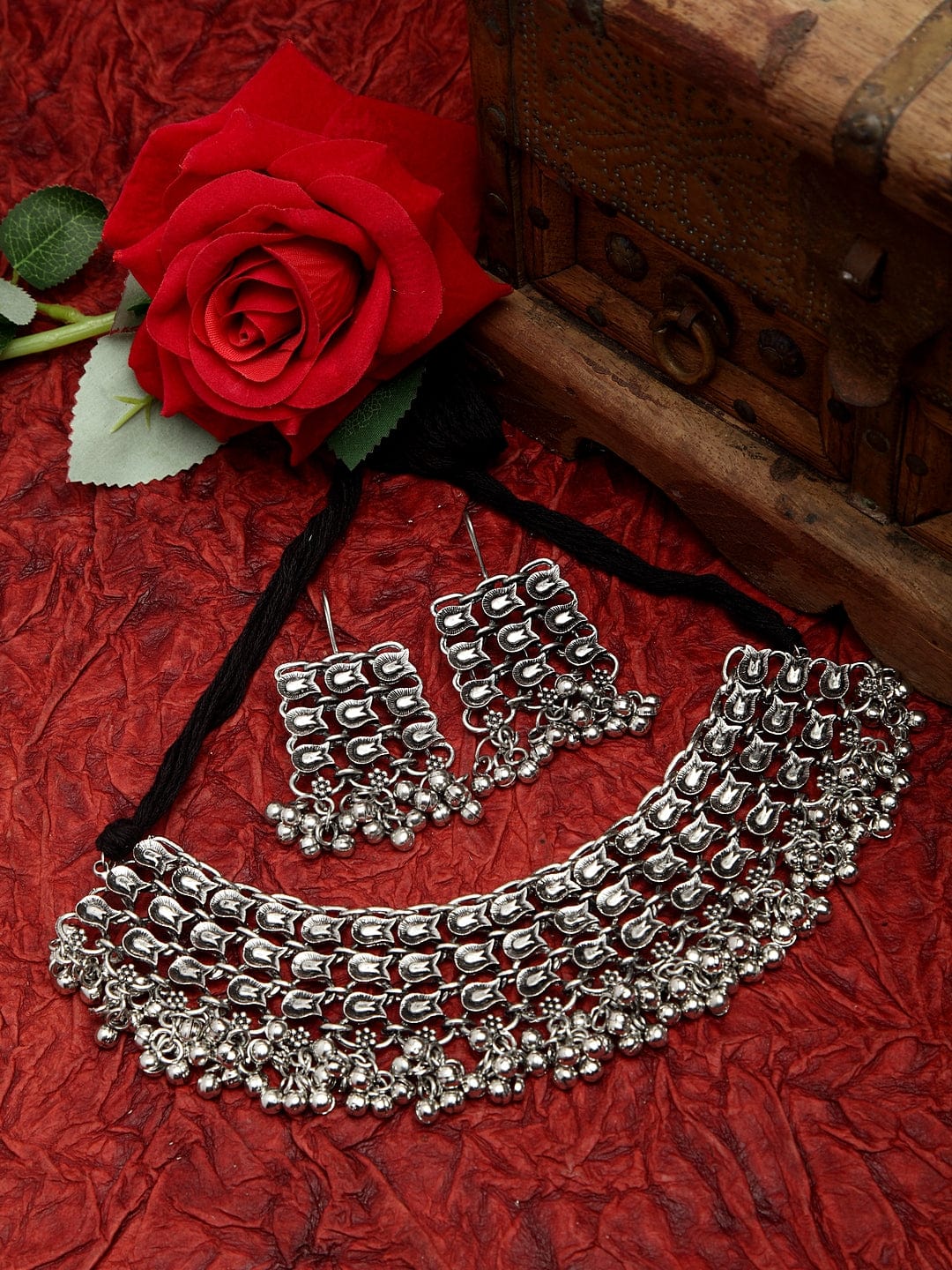 Beads Studded Filigree Work Oxidised Silver Plated Handcrafted Jewelry Set