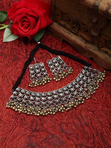 Beads Studded Filigree Work Oxidised Dual Tone Handcrafted Jewelry Set