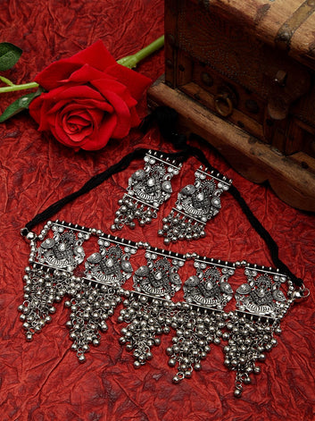 Beads Studded Tasselled Design Oxidised Silver Plated Handcrafted Jewelry Set