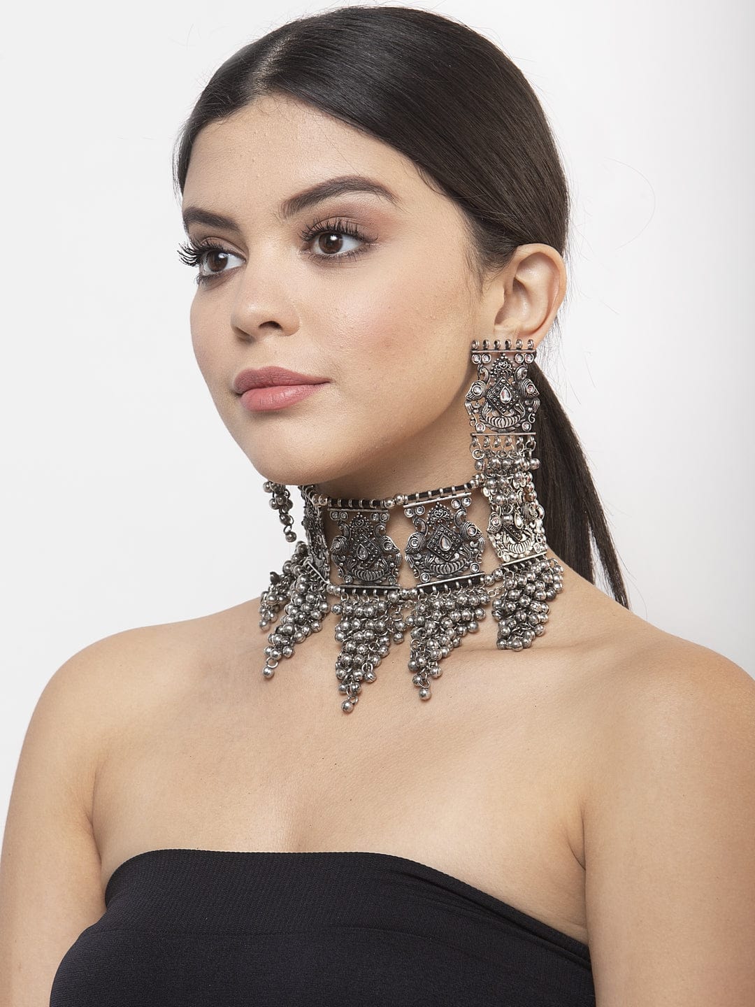 Beads Studded Tasselled Design Oxidised Silver Plated Handcrafted Jewelry Set