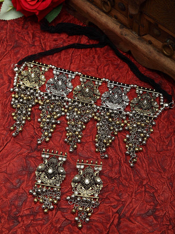 Beads Studded Tasselled Design Oxidised Gold Plated Handcrafted Jewelry Set