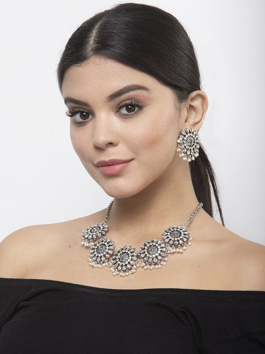 Oxidized Silver-Plated Crystal-Studded & Pearl Beaded Jewellery Set