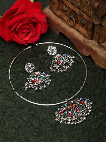 Multi Color Stone Studded Oxidised Silver Plated Handcrafted Afghan Design Jewelry Set
