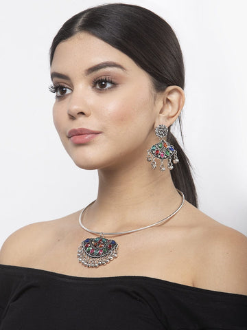 Multi Color Stone Studded Oxidised Silver Plated Handcrafted Afghan Design Jewelry Set