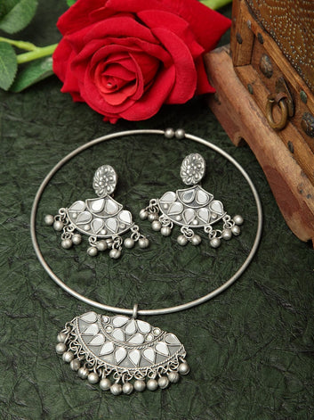 Mirror and Ghungroo Studded Oxidised Silver Plated Handcrafted Afghan Jewelry Set