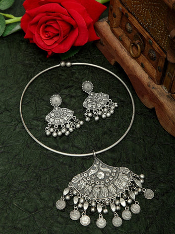 Ghungroo Studded Oxidised Silver Plated Handcrafted Afghan Design Jewelry Set