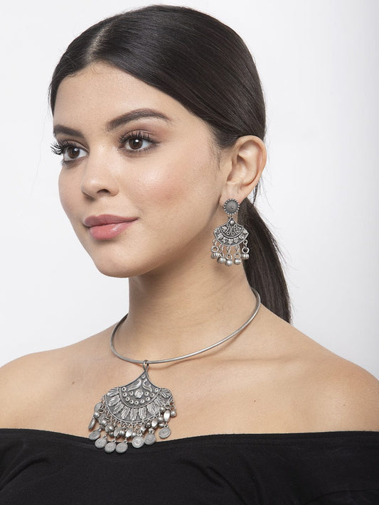 Ghungroo Studded Oxidised Silver Plated Handcrafted Afghan Design Jewelry Set