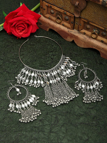 Mirror Studded Tasselled Design Oxidised Silver Plated Handcrafted Afghan Jewelry Set